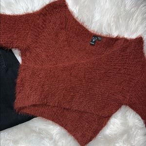 Maroon/Dark Brown Criss-Cross Cropped Sweater